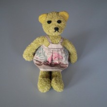 Peluche artisanale Ours en tissus jaune avec robe Taille 25 cm - NEUF