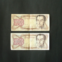 2 Billets de banque : 100 Bolivares VENEZUELA 1992