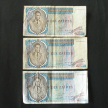 3 Billets de banque : 10 Zaïres du ZAIRE 1976-77